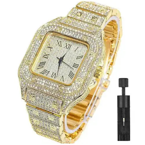Luxury Golden Iced Out Diamond Crystal Watch with Box TkMart