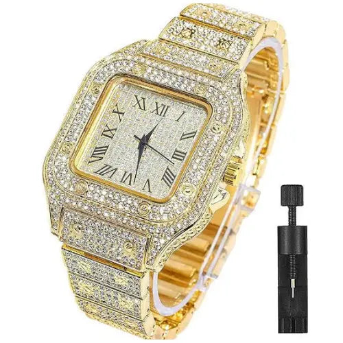 Luxury Golden Iced Out Diamond Crystal Watch with Box TkMart