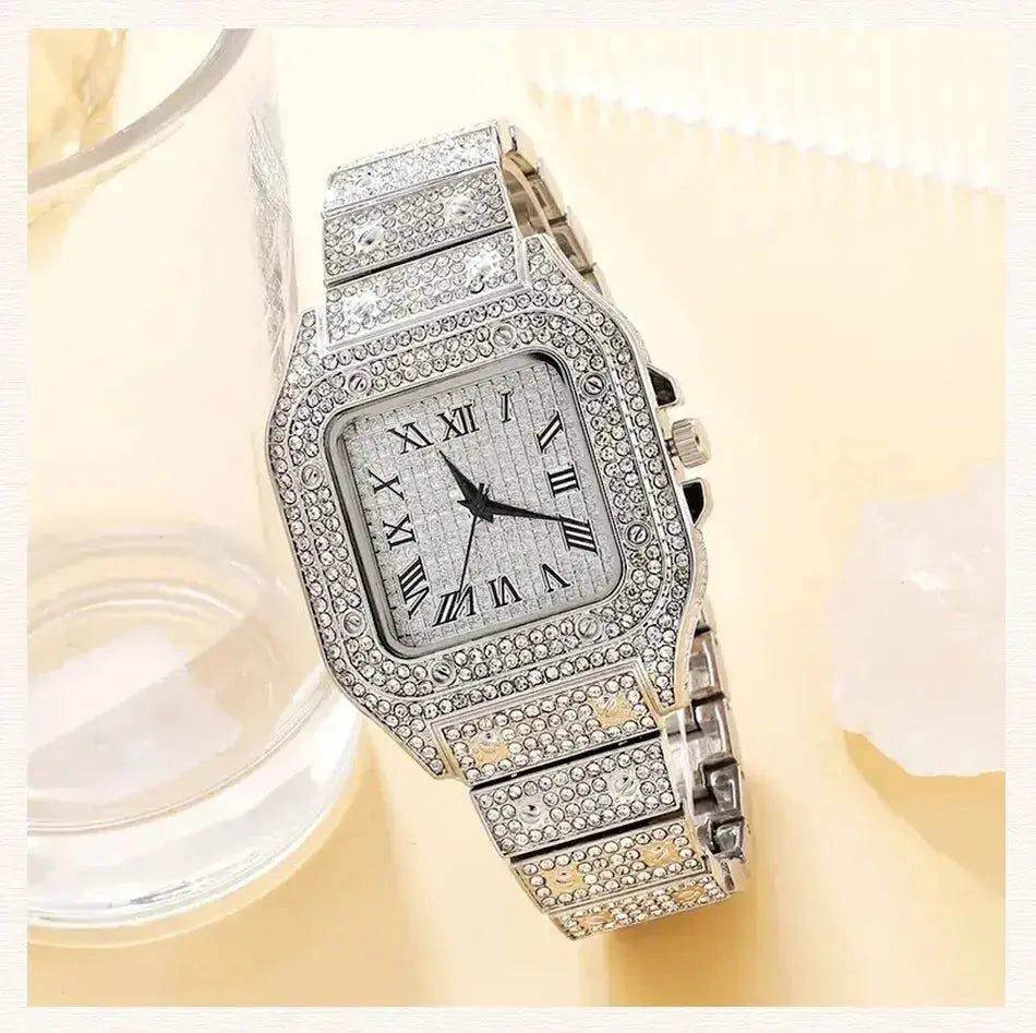 Luxury Silver Iced Out Diamond Crystal Watch with box TkMart