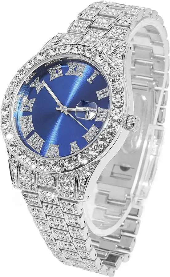 Luxury Diamond Iced out watch Round Dial Blue colour TkMart
