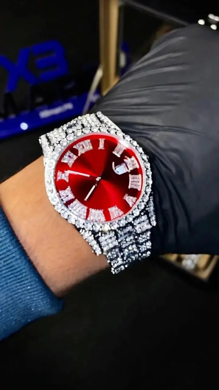 Luxury Diamond Iced out watch Round Dial  Red Colour Tk Mart