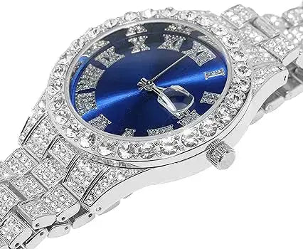 Luxury Diamond Iced out watch Round Dial Blue colour TkMart