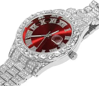 Luxury Diamond Iced out watch Round Dial  Red Colour Tk Mart