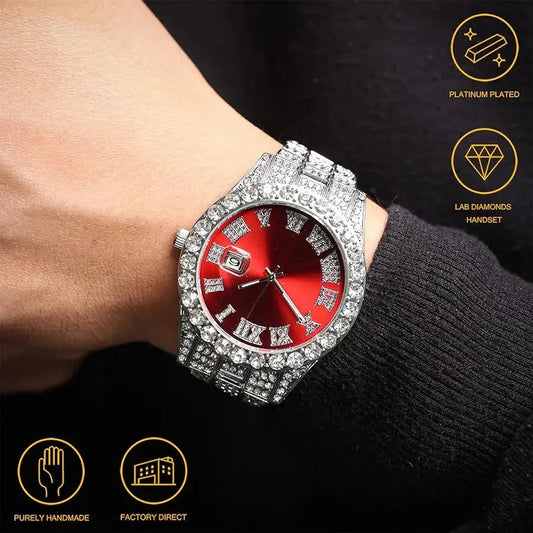 Luxury Diamond Iced out watch Round Dial  Red Colour Tk Mart