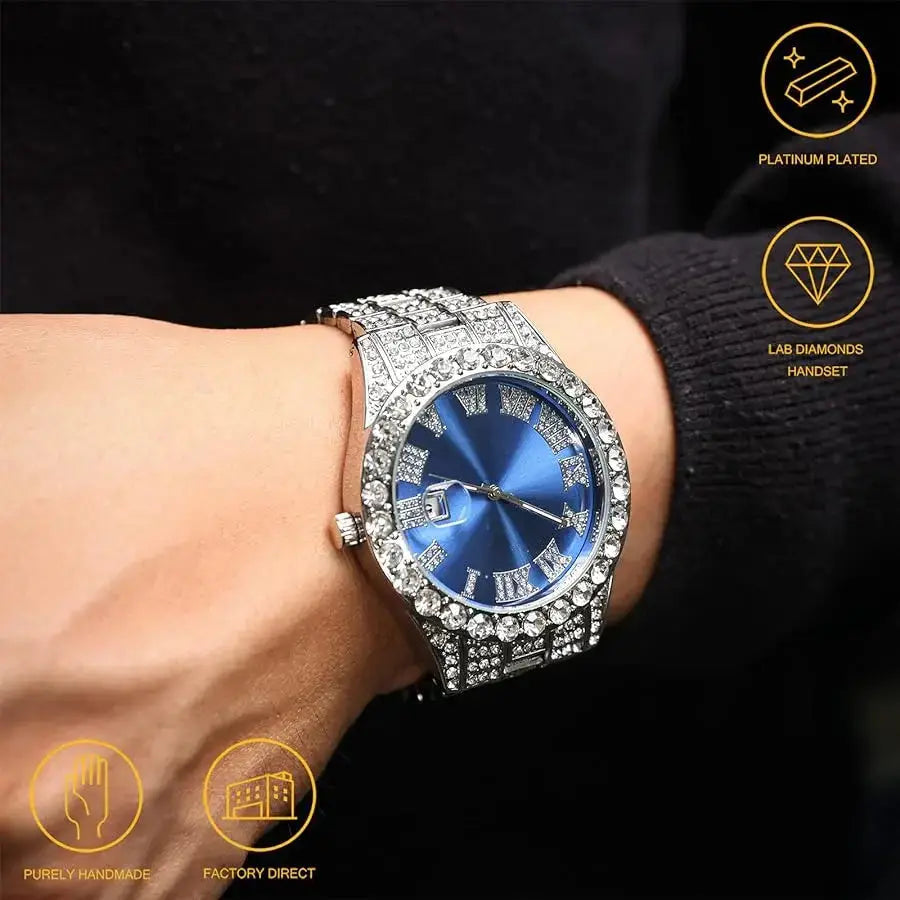 Luxury Diamond Iced out watch Round Dial Blue colour TkMart
