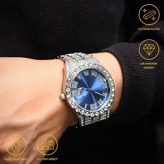 Luxury Diamond Iced out watch Round Dial Blue colour TkMart
