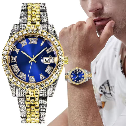 Golden blue iced out watch fashion